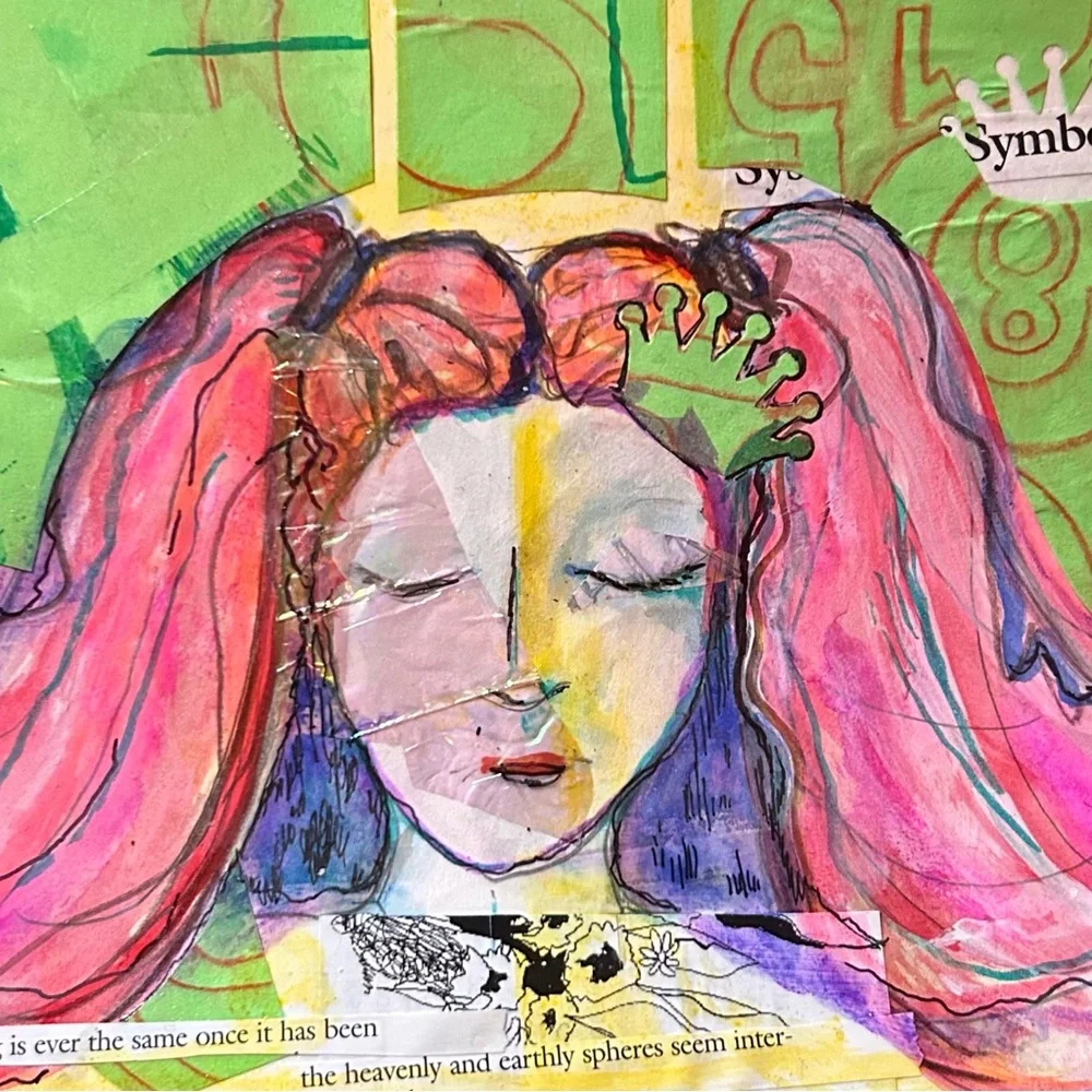 Handmade Framed Pink & Green Original Art Girl Power Gift Dorm Ready BTC 5x7 Art